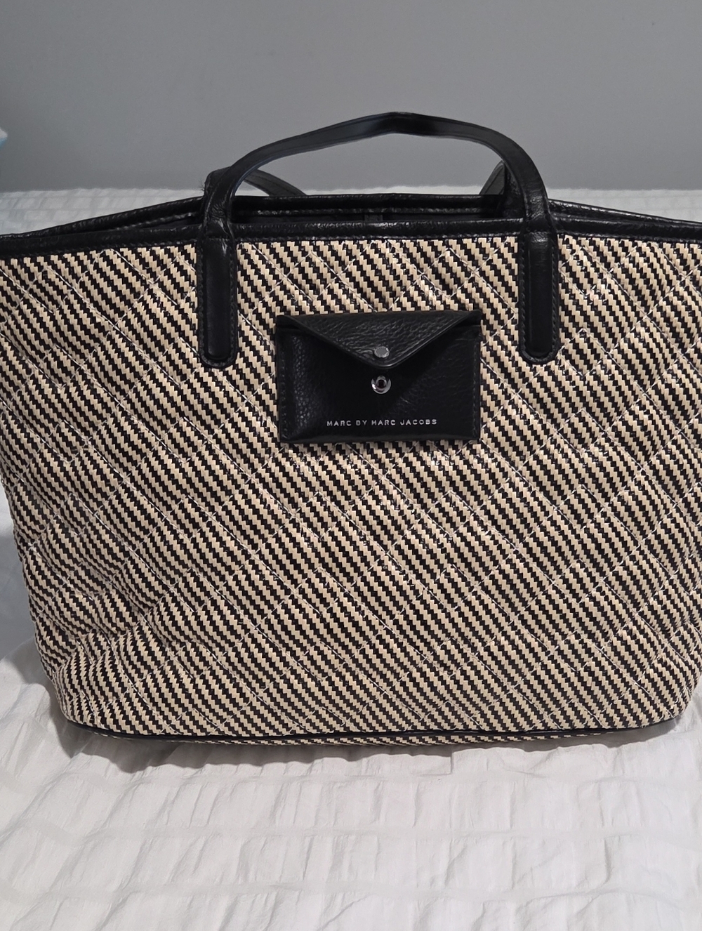 Marc by Marc Jacobs Black & Natural Striped Woven Tote with Front Pocket